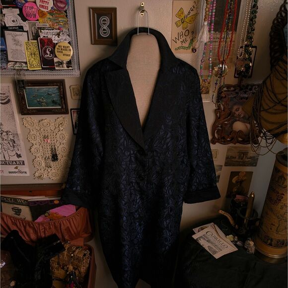 Vintage Embroidered Brocade Print Duster Jacket Women's XL Navy Blue Black - Picture 2 of 5